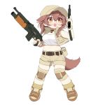  1girl :o animal_ears baseball_cap bespectacled blush boots braid brown_eyes brown_hair collar cosplay dog_ears dog_tags dog_tail dual_wielding eyebrows_visible_through_hair fang fio_germi fio_germi_(cosplay) full_body glasses hat highres holding hololive inugami_korone knee_pads lewis long_hair looking_away magazine_(weapon) magazine_ejection metal_slug midriff navel open_clothes open_vest pouch shorts simple_background solo standing tail tank_top twin_braids vest virtual_youtuber white_background 