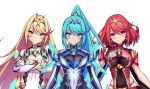  3girls bangs bare_shoulders black_gloves blonde_hair blush breasts chest_jewel cleavage cleavage_cutout crossed_arms dress earrings elbow_gloves fingerless_gloves gloves green_eyes green_hair highres hksicabb jewelry large_breasts long_hair multiple_girls mythra_(xenoblade) pneuma_(xenoblade) ponytail pyra_(xenoblade) red_eyes red_hair short_hair short_sleeves simple_background swept_bangs tiara upper_body very_long_hair white_background white_dress white_gloves xenoblade_chronicles_(series) xenoblade_chronicles_2 yellow_eyes 