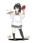  1girl absurdres asymmetrical_legwear black_hair cat commentary_request dated fan grilled_fish high_ponytail highres holding holding_fan inica isokaze_(kantai_collection) kantai_collection kappougi loafers looking_at_viewer paper_fan ponytail red_eyes shoes skirt standing uchiwa white_background 