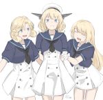  3girls bangs beret blonde_hair blue_eyes closed_eyes colorado_(kantai_collection) cosplay hat headgear janus_(kantai_collection) jervis_(kantai_collection) jervis_(kantai_collection)_(cosplay) kantai_collection kusakasima long_hair medium_hair multiple_girls open_mouth puffy_short_sleeves puffy_sleeves short_sleeves sidelocks smile very_long_hair 