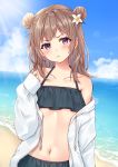  1girl bangs bare_shoulders beach bikini black_bikini blue_sky blush brown_hair closed_mouth cloud collarbone commentary_request day double_bun drawstring eyebrows_visible_through_hair flower hair_flower hair_ornament halter_top halterneck hand_up head_tilt highres horizon jacket long_hair long_sleeves looking_at_viewer navel nazuna_shizuku ocean off_shoulder open_clothes open_jacket original outdoors purple_eyes sky sleeves_past_wrists solo standing swimsuit v-shaped_eyebrows water white_flower white_jacket 