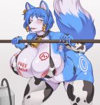  absurd_res animal_print anthro big_breasts blue_body blue_fur blush breasts canid canine cervina7_(artist) clothing cow_costume cow_print cowbell ear_tag english_text female fox fur hi_res huge_breasts krystal lingerie mammal nintendo solo star_fox text video_games 
