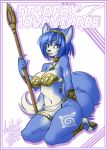  2017 anthro big_breasts blue_body blue_fur blue_hair breasts canid canine cleavage clothed clothing english_text female firekitty fox fur hair hand_behind_back holding_object holding_weapon kneeling krystal looking_at_viewer mammal nintendo solo star_fox teal_eyes teeth text thick_thighs video_games weapon white_body white_fur wide_hips 