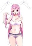  1girl absurdres animal_ears breasts bunny_ears cleavage commentary_request eyebrows_visible_through_hair hand_on_own_chest highres large_breasts light_purple_hair long_hair looking_at_viewer navel open_mouth purple_hair red_eyes reisen_udongein_inaba simple_background solo touhou very_long_hair white_background yukina_(masyumaro610) 