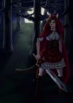 absurd_res anthro blood bodily_fluids clothed clothing detailed_background domestic_cat dress felid feline felis female forest hair hi_res humanoid leonarockera little_red_riding_hood little_red_riding_hood_(copyright) mammal melee_weapon moira moon night outside solo sword tree weapon 