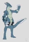  anthro big_penis black_body blue_body claw_fingers claws dragon flaccid flexing flexing_bicep genitals girthy grey_background grey_body hi_res horn huniiheart_(artist) male navel nexomon nexomon_(species) penis pose raised_arm scalie signature simple_background solo standing tail_blade vados_(nexomon) yellow_eyes 