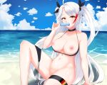  1girl absurdres anchor arm_at_side azur_lane bangs bare_shoulders beach bikini black_bikini black_choker black_ribbon blue_sky blush breasts choker cleavage cloud collarbone commentary_request day dripping eating eyebrows eyebrows_behind_hair fingernails flag_print food food_in_mouth german_flag german_flag_bikini hair_between_eyes hand_up highres holding holding_food horizon knee_up large_breasts long_hair looking_at_viewer matmaj melting midriff mole mole_on_breast multicolored multicolored_hair navel nipples ocean open_mouth orange_eyes outdoors popsicle prinz_eugen_(azur_lane) prinz_eugen_(unfading_smile)_(azur_lane) pussy ribbon sand side-tie_bikini sidelocks silver_hair sky smile solo streaked_hair summer swept_bangs swimsuit thigh_strap tongue tongue_out two_side_up untied untied_bikini very_long_hair water 