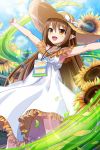  1girl alternate_hairstyle bangs blush brown_eyes brown_hair cloud day dress elf flower grass hair_down hands_up hat long_hair nowa official_art open_mouth outdoors petals pointy_ears queen&#039;s_blade queen&#039;s_blade_unlimited queen&#039;s_blade_white_triangle sky straw_hat sun_hat sundress sunflower thighs very_long_hair white_dress wind 