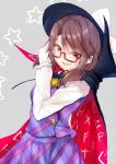  1girl absurdres brown_hair capelet cloak fedora glasses gloves grey_background hat highres looking_at_viewer school_uniform solanikieru star_(symbol) touhou usami_sumireko white_gloves 