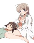  2girls ahoge blue_eyes blush breasts brown_hair cleavage closed_eyes eyebrows_visible_through_hair finger_to_mouth highres kaneko_(novram58) lap_pillow large_breasts long_hair looking_at_viewer lynette_bishop miyako_yoshika multiple_girls navel no_bra open_clothes open_mouth open_shirt shiny shiny_hair shiny_skin shirt short_hair shushing simple_background sleeping strike_witches teeth upper_teeth white_background white_shirt world_witches_series 