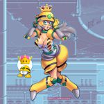  1:1 armor breasts cleavage clothed clothing crown dress female gloves green_eyes grey_hair hair handwear headgear helmet hi_res humanoid looking_at_viewer machine mario_bros megaman_x metool nintendo not_furry robot robot_humanoid super_crown supersatanson video_games 