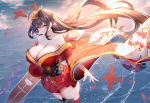  1girl ahoge azur_lane bangs bare_shoulders black_hair black_legwear breasts chixiao cleavage cloud cloudy_sky collarbone commentary cowboy_shot crossed_bangs dusk eyebrows_visible_through_hair feather-trimmed_sleeves flight_deck floating_hair hair_between_eyes hair_ornament hair_ribbon highres huge_breasts japanese_clothes kimono long_hair long_sleeves looking_at_viewer mask mask_on_head obi ocean off-shoulder_kimono outdoors parted_lips red_eyes red_kimono red_ribbon ribbon sash short_kimono sidelocks skindentation sky smile solo standing standing_on_liquid sunlight taihou_(azur_lane) thighhighs twintails very_long_hair wide_sleeves zettai_ryouiki 