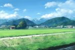  blue_sky building cloud day eichisu grass hill house landscape mountain mountainous_horizon nature no_humans original outdoors road scenery sky stream tree 