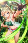  1girl alleyne_(queen&#039;s_blade) alternate_hairstyle bangs bare_arms bare_shoulders beetle blonde_hair blue_eyes braid breasts bug cleavage closed_mouth collarbone day elf green_shirt high_ponytail insect long_hair medium_breasts midriff navel official_art outdoors pointy_ears ponytail queen&#039;s_blade queen&#039;s_blade_unlimited queen&#039;s_blade_white_triangle shirt shorts side_braid single_braid smile thighs white_shorts 