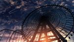  amusement_park artist_name cloud commentary_request evening fen_fen_fen_fen ferris_wheel from_below highres no_humans original roller_coaster scenery shooting_star signature silhouette sky sunlight sunset watermark 