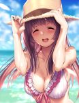  1girl ^_^ bangs bare_shoulders bikini blue_sky blurry blurry_background blush breasts brown_hair cleavage closed_eyes cloud commentary_request eyebrows_visible_through_hair frills hanikami_kanojo hat holding holding_clothes holding_hat large_breasts long_hair ocean open_mouth original piromizu shizuki_neru sidelocks sky smile straw_hat swimsuit water wet white_bikini 