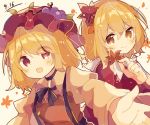  2girls aki_minoriko aki_shizuha apron autumn_leaves black_neckwear black_skirt blonde_hair bow breasts dated eyebrows_visible_through_hair food food_themed_hair_ornament fruit grape_hair_ornament grapes hair_ornament hat leaf leaf_hair_ornament leaf_on_head long_sleeves looking_at_viewer maple_leaf mina_(sio0616) mob_cap multiple_girls open_mouth orange_eyes red_apron red_eyes red_headwear red_shirt shirt short_hair skirt small_breasts smile touhou white_background wide_sleeves yellow_eyes yellow_shirt 