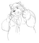  2020 anthro belly canid canine canis clothed clothing domestic_dog headphones hi_res kemono live-a-hero male mammal mokdai monochrome okoge_16 one_eye_closed overweight overweight_anthro overweight_male simple_background solo video_games white_background wink 