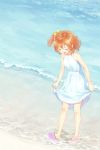  1girl bangs beach bow closed_eyes commentary_request day dress dress_lift eichisu hair_bow highres kousaka_honoka looking_down love_live! love_live!_school_idol_project ocean orange_hair sandals short_hair smile solo white_dress yellow_bow 