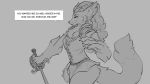  16:9 anthro canid canine canis clothed clothing dialogue english_text female fur gwen hair mammal melee_weapon monochrome simple_background smile solo sword text watsup weapon were werecanid werecanine werewolf widescreen wolf 