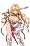  1girl armor bangs belt bikini_armor blonde_hair blue_eyes blush breasts cleavage closed_mouth gauntlets greaves hair_ornament headband headgear holding holding_sword holding_weapon large_breasts leina loincloth long_hair looking_at_viewer official_art queen&#039;s_blade queen&#039;s_blade_unlimited queen&#039;s_blade_white_triangle revealing_clothes shield side_braids sidelocks single_gauntlet smile solo sword weapon white_background 