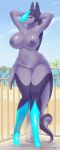  anthro beach big_breasts breasts curvy_figure female genitals hi_res looking_at_viewer matemi prehensile_hair prehensile_tail pussy rasha seaside smile solo standing unknown_species voluptuous 