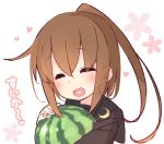  1girl blush brown_hair closed_eyes crescent crescent_moon_pin floral_background food fruit fumizuki_(kantai_collection) heart heart_in_mouth kantai_collection solo watermelon yoru_nai 