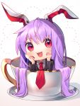  1girl animal_ears bangs blazer blush bunny_ears chibi crescent crescent_moon_pin cup eyelashes gunjou_row hands_on_own_chest highres in_container in_cup jacket long_hair long_sleeves minigirl necktie purple_hair red_eyes red_nails red_neckwear reisen_udongein_inaba saucer smile solo teacup touhou very_long_hair white_background 