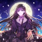  artist_name black_dress breasts cleavage cross cross_earrings dress earrings frilled_dress frills full_moon glint highres jewelry lem_tea long_hair medea_solon moon night night_sky outdoors outstretched_hand purple_eyes purple_ribbon ribbon sky smile standing very_long_hair your_throne 