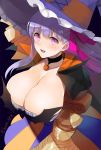  1girl bangs blush breasts claws cleavage collarbone eyebrows_visible_through_hair fate/extra fate/extra_ccc fate_(series) hair_ribbon halloween_costume hat huge_breasts kaikodou_kana long_hair looking_at_viewer open_mouth passionlip pink_eyes pumpkin_choker purple_hair ribbon smile solo twitter_username very_long_hair witch_hat 