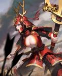  1girl :o absurdres armor blurry_foreground breasts cleavage day dual_wielding helmet highres holding holding_weapon japanese_armor kabuto large_breasts li_zao orange_eyes outdoors planted_arrow polearm red_headwear sanada_yukimura standing trident weapon 