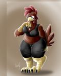  anthro avian azserfy between_breasts bird blue_eyes breast_smother breasts butt butt_grab chicken claws clothing crop_top digitigrade duo feathers female galliform gallus_(genus) hand_on_butt hi_res macro male male/female micro micro_on_macro phasianid shirt size_difference size_play slightly_chubby smile smothering tail_feathers talons topwear 