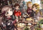  6+girls ^_^ ^o^ ahoge blurry bokeh cafe clock closed_eyes coffee coffee_pot cup depth_of_field food glint hakozaki_serika hand_on_own_cheek hand_on_own_face highres holding holding_cup idolmaster idolmaster_million_live! kinoshita_hinata kitazawa_shiho looking_at_another looking_at_viewer miyao_miya multiple_girls on_chair pancake picture_(object) picture_frame plant plate sakuramori_kaori sandwich shawl shinomiya_karen sideways_glance sitting sonsoso steam sunlight tanaka_kotoha tokugawa_matsuri water window wooden_table 