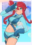  1girl aqua_eyes aqua_shorts blue_gloves blush breasts closed_mouth commentary_request crop_top eyelashes gloves gym_leader hair_ornament hand_on_hip hand_up highres holster long_hair midriff navel nuneno one_eye_closed pokemon pokemon_(game) pokemon_bw red_hair salute short_shorts shorts sidelocks skyla_(pokemon) smile solo 