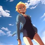  1girl bad_id bad_pixiv_id blue_hoodie blue_sky blue_swimsuit cameltoe cloud covered_navel day dutch_angle from_below hair_between_eyes hood hoodie looking_at_viewer looking_down mary_sera meitantei_conan one-piece_swimsuit open_clothes open_hoodie parted_lips school_swimsuit short_hair sky solo standing sumibi03 swimsuit 