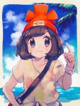  1girl bag beanie black_hair blue_eyes bracelet closed_mouth cloud commentary_request day hand_on_hip hand_up hanenbo hat highres index_finger_raised jewelry outdoors palm_tree pokemon pokemon_(game) pokemon_sm red_headwear selene_(pokemon) shirt short_sleeves shoulder_bag sky smile solo tied_shirt tree upper_body 