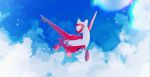  above_clouds claws closed_mouth cloud flying full_body gen_3_pokemon hanenbo highres latias legendary_pokemon looking_to_the_side no_humans outdoors pokemon pokemon_(creature) signature sky symbol_commentary yellow_eyes 