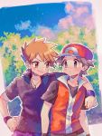  2boys arm_around_shoulder baseball_cap blue_oak blush brown_eyes brown_hair closed_mouth cloud day eye_contact foliage grey_hair hanenbo hat highres jacket jewelry looking_at_another male_focus multiple_boys necklace outdoors pants pokemon pokemon_(game) pokemon_frlg purple_pants purple_wristband red_(pokemon) shirt short_sleeves sky smile wristband 