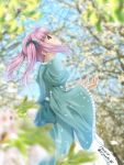  1girl blue_bow blue_dress blurry blurry_background blurry_foreground bow day dress floating_hair frilled_sleeves frills hair_bow hannelole_(honzuki_no_gekokuji) honzuki_no_gekokujou long_hair long_sleeves looking_up outdoors petals pink_hair profile red_eyes shiny shiny_hair solo standing twintails twitter_username wide_sleeves yuuko24 