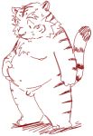  2006 anthro balls belly blush bodily_fluids felid flaccid genitals kemono low_res male mammal overweight overweight_anthro overweight_male pantherine penis simple_background solo sweat takagi_kyou tiger white_background 