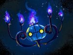  chandelure commentary dark fire flame full_body gen_5_pokemon glowing glowing_eyes hanenbo highres looking_at_viewer no_humans pokemon pokemon_(creature) purple_flame yellow_eyes 