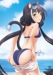  1girl absurdres animal_ear_fluff animal_ears ass bikini black_hair blue-tinted_eyewear blue_bikini blue_sky bow breasts cat_ears cat_girl cat_tail cloud cowboy_shot day enpitsu_(pixiv631743) eyewear_on_head fang floating_hair green_eyes hair_bow highres karyl_(princess_connect!) long_hair looking_at_viewer looking_back low_twintails ocean open_mouth outdoors princess_connect! princess_connect!_re:dive red_bow shorts shorts_pull side-tie_bikini sky small_breasts solo standing sunglasses swimsuit tail twintails undressing very_long_hair white_shorts 