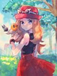  1girl bare_shoulders blue_eyes blurry blurry_background blush bracelet brown_hair cloud commentary day eyelashes eyewear_on_headwear fletchling gen_6_pokemon hand_up hanenbo hat highres jewelry long_hair looking_back outdoors parted_lips pleated_skirt pokemon pokemon_(creature) pokemon_(game) pokemon_xy red_skirt serena_(pokemon) shirt skirt sky sleeveless sleeveless_shirt sunglasses tree 