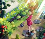  1girl :d bangs blurry_foreground bob_cut boots brown_footwear brown_hair budew closed_eyes commentary day door dress flower gen_4_pokemon gloria_(pokemon) grass green_legwear hanenbo happy highres holding holding_watering_can looking_to_the_side open_mouth outdoors pink_dress plaid plaid_legwear pokemon pokemon_(creature) pokemon_(game) pokemon_swsh short_hair smile socks standing stone sunlight watering_can 