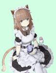  1girl absurdres apron brown_hair cat_girl crm grey_eyes highres long_hair maid maid_apron maid_dress maid_headdress original pantyhose simple_background solo tail 