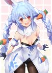  1girl :3 animal_ear_fluff animal_ears bangs black_gloves blue_hair blush bow braid breasts bunny-shaped_pupils bunny_ears bunny_girl carrot_hair_ornament commentary_request don-chan_(usada_pekora) dress eyebrows_visible_through_hair food_themed_hair_ornament fur_trim gloves hair_bow hair_ornament highres hololive multicolored_hair orange_eyes pantyhose round_teeth short_eyebrows sidelocks small_breasts smile solo teeth twin_braids two-tone_hair untue usada_pekora white_bow white_hair 