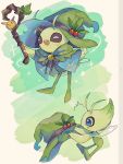  antennae black_ribbon blue_eyes capelet celebi closed_eyes gen_2_pokemon green_headwear hanenbo happy hat highres holding holding_clothes holding_hat holding_wand mythical_pokemon no_humans open_mouth outstretched_arms poke_ball_theme pokemon pokemon_(creature) ribbon upper_teeth wand wings witch_hat 