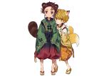  agatsuma_zenitsu all_male animal_ears blonde_hair brown_eyes brown_hair japanese_clothes kamado_tanjirou kimetsu_no_yaiba male multiple_tails ninomotonino scar short_hair tail tears third-party_edit white yellow_eyes 