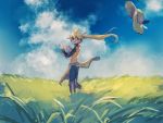  1girl blonde_hair boots cloud commentary_request day floating_hair grass grey_eyes grey_footwear hands_up hanenbo hat hat_removed headwear_removed highres long_hair long_sleeves looking_back outdoors pokemon pokemon_adventures ponytail sky solo yellow_(pokemon) 