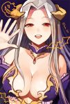  1girl bangs breasts cleavage collarbone cosplay costume demon_girl demon_horns demon_tail detached_sleeves fate/grand_order fate_(series) halloween halloween_princess_(fate/grand_order) horns irisviel_von_einzbern kaikodou_kana large_breasts long_hair red_eyes smile succubus tail upper_body 